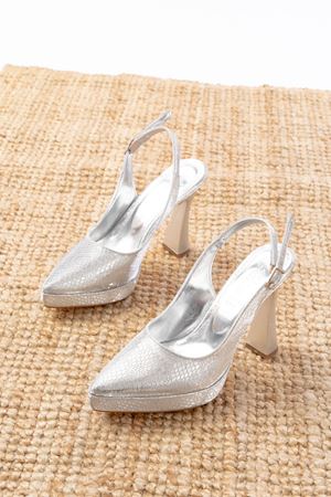 B-2101 Gümüş Günlük Arkası Açık Yılan Desenli Topuklu Bayan Ayakkabı