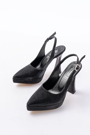 B-2101 Siyah Günlük Arkası Açık Yılan Desenli Topuklu Bayan Ayakkabı