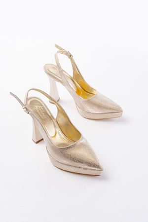 B-2101 Gold Günlük Arkası Açık Yılan Desenli Topuklu Bayan Ayakkabı 