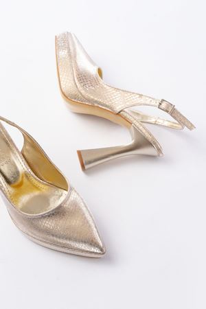 B-2101 Gold Günlük Arkası Açık Yılan Desenli Topuklu Bayan Ayakkabı 