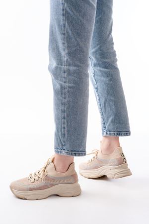 3001  Bej Bağcıklı Fileli Günlük Spor Ayakkabı 