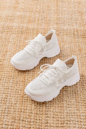 3002  Beyaz Bağcıklı Fileli Taş Aksesuarlı Günlük Spor Ayakkabı 