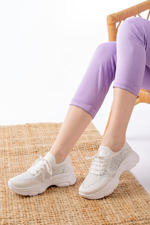 3002  Beyaz Bağcıklı Fileli Taş Aksesuarlı Günlük Spor Ayakkabı 