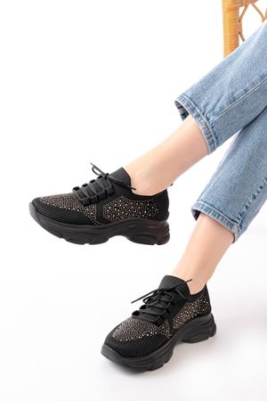 3002  Siyah Bağcıklı Fileli Taş Aksesuarlı Günlük Spor Ayakkabı 
