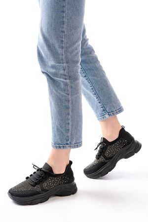 3002  Siyah Bağcıklı Fileli Taş Aksesuarlı Günlük Spor Ayakkabı 