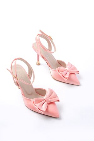 İNF-4505 Pembe Saten Günlük Arkası Açık Kurdele detaylı Topuklu Bayan Ayakkabı
