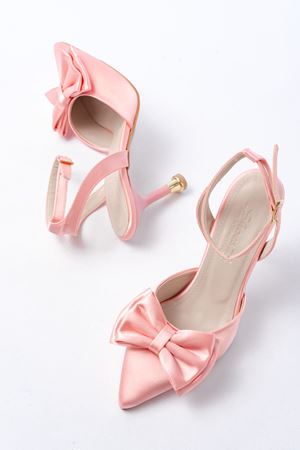İNF-4505 Pembe Saten Günlük Arkası Açık Kurdele detaylı Topuklu Bayan Ayakkabı