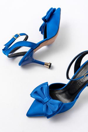 İNF-4505 Mavi Saten Günlük Arkası Açık Kurdele detaylı Topuklu Bayan Ayakkabı