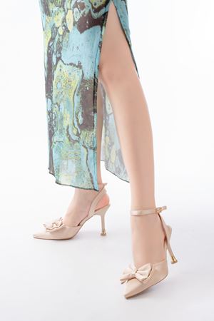 İNF-4505 Bej Saten Günlük Arkası Açık Kurdele detaylı Topuklu Bayan Ayakkabı 