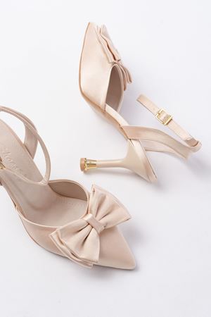 İNF-4505 Bej Saten Günlük Arkası Açık Kurdele detaylı Topuklu Bayan Ayakkabı 