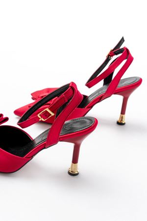 İNF-4505 Bordo Saten Günlük Arkası Açık Kurdele detaylı Topuklu Bayan Ayakkabı 