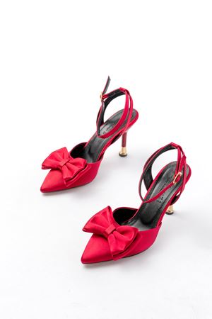 İNF-4505 Bordo Saten Günlük Arkası Açık Kurdele detaylı Topuklu Bayan Ayakkabı 