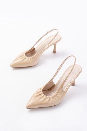 İNF-40451 Bej Kırışık Rugan Günlük Arkası Açık Topuklu Bayan Ayakkabı