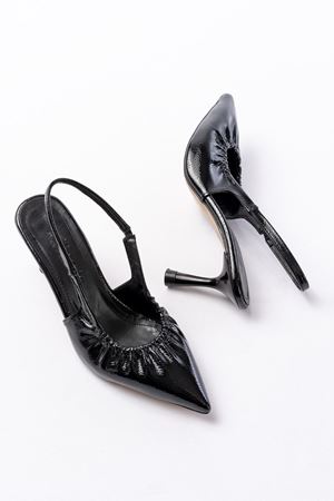 İNF-40451 Siyah Kırışık Rugan Günlük Arkası Açık Topuklu Bayan Ayakkabı