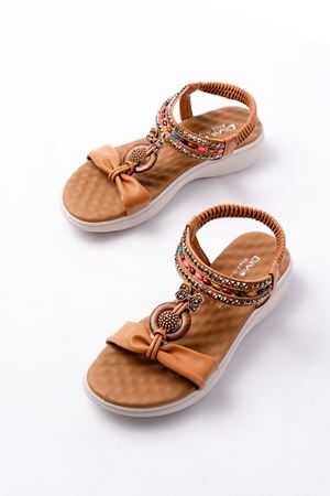 DM-608 Taba Taşlı Arka Lastikli Günlük Kadın Sandalet 