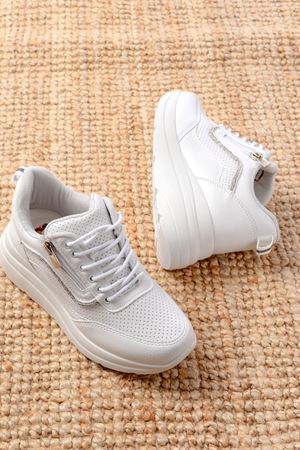 F-207 Beyaz Bağcıklı Fermuarlı Taş Aksesuarlı Mevsimlik Spor Ayakkabı