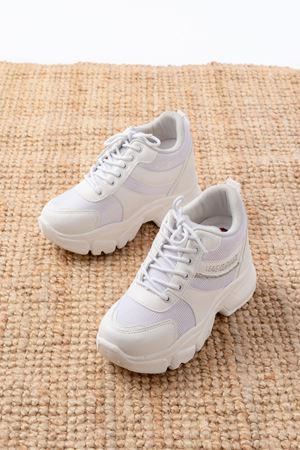 F-209 Beyaz Bağcıklı Fileli Taş Aksesuarlı Günlük Spor Ayakkabı 