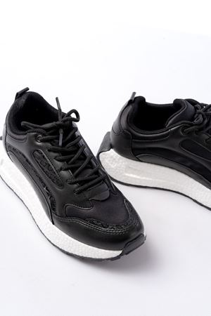 F-307 Siyah Bağcıklı Saten Taş Aksesuarlı Günlük Spor Ayakkabı  