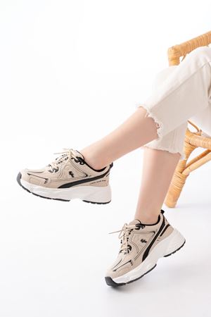 F-329 Bej Günlük Bağcıklı Siyah Desenli Yazlık Spor Ayakkabı 