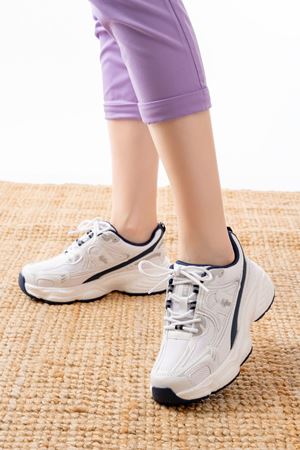 F-329 Beyaz Günlük Bağcıklı Lacivert Desenli Yazlık Spor Ayakkabı  