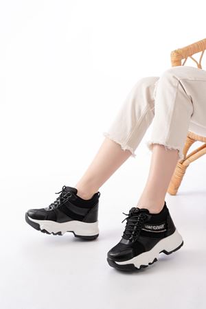 F-209 Siyah Bağcıklı Fileli Taş Aksesuarlı Günlük Spor Ayakkabı 