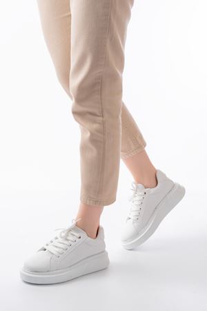 RS-2435 Beyaz Gümüş Bağcıklı Dikişli Günlük Spor Ayakkabı  