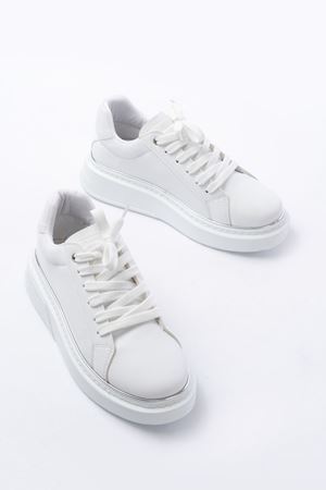 RS-2435 Beyaz Gümüş Bağcıklı Dikişli Günlük Spor Ayakkabı  