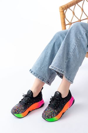 RS-403  Siyah Bağcıklı Fileli Multi Taşlı Renkli Taban Günlük Kadın Spor