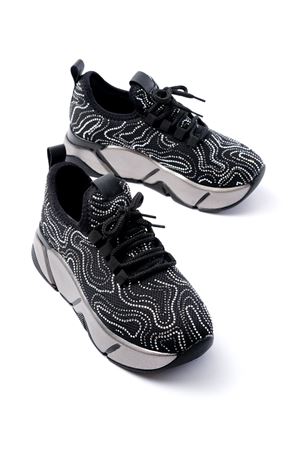 RS-402 Siyah Bağcıklı Fileli Taşlı Platin Taban Günlük Kadın Spor