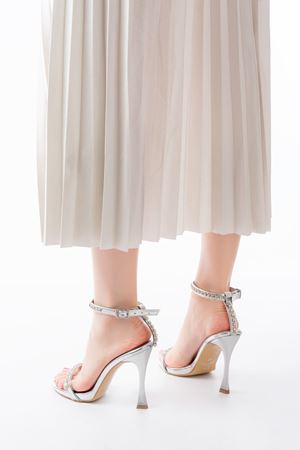  A-30 Gümüş Taş Aksesuarlı Platformlu Topuklu Kadın Terlik 