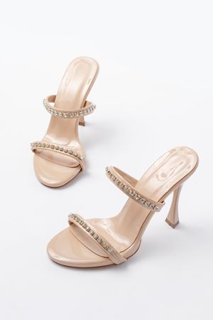  A-50 Kadın Bej Rugan Taşlı Platformlu Topuklu Terlik