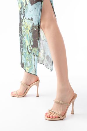  A-50 Kadın Bej Rugan Taşlı Platformlu Topuklu Terlik