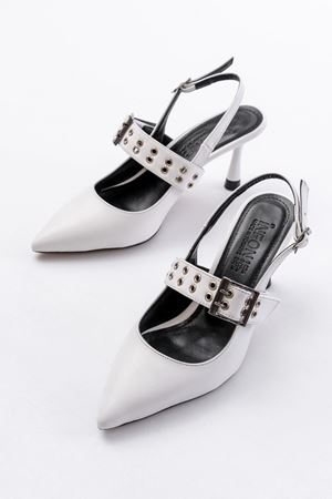 İNF-260 Beyaz Günlük Arkası Açık Baret Tokalı Topuklu Bayan Ayakkabı