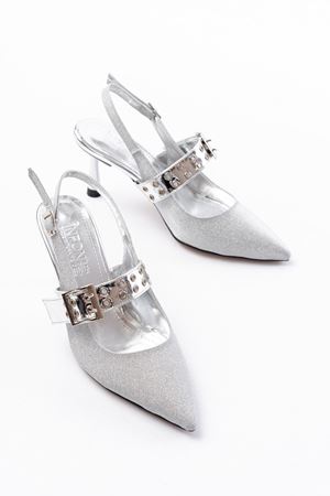 İNF-260 Gümüş Simli Günlük Arkası Açık Baret Tokalı Topuklu Bayan Ayakkabı 