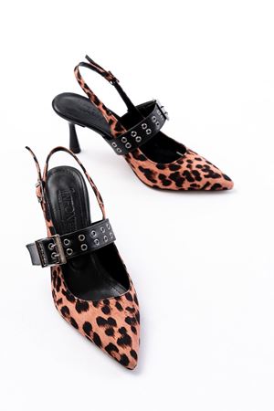 İNF-260 Siyah Leopar Günlük Arkası Açık Baret Tokalı Topuklu Bayan Ayakkabı