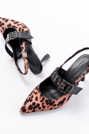 İNF-260 Siyah Leopar Günlük Arkası Açık Baret Tokalı Topuklu Bayan Ayakkabı