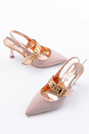 İNF-260 Rose Simli Günlük Arkası Açık Baret Tokalı Topuklu Bayan Ayakkabı