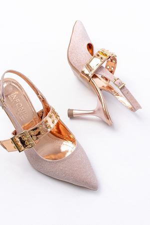 İNF-260 Rose Simli Günlük Arkası Açık Baret Tokalı Topuklu Bayan Ayakkabı