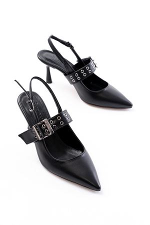 İNF-260 Siyah Günlük Arkası Açık Baret Tokalı Topuklu Bayan Ayakkabı