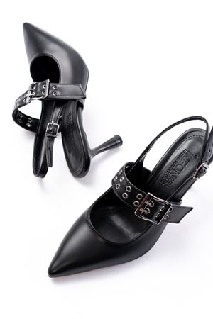 İNF-260 Siyah Günlük Arkası Açık Baret Tokalı Topuklu Bayan Ayakkabı