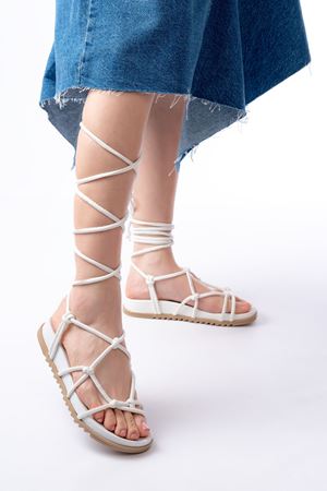 1001-1001 White Ankle Lace-Up Women's Sandals