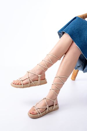 1001-1001 Beige Ankle Lace-Up Women's Sandals