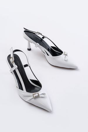 İNF-2300 Beyaz Rugan Günlük Arkası Açık Fiyonklu Topuklu Bayan Ayakkabı 