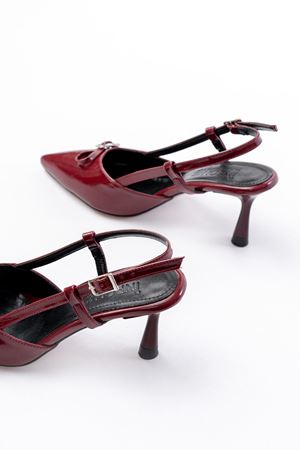 İNF-2300 Bordo Rugan Günlük Arkası Açık Fiyonklu Topuklu Bayan Ayakkabı 
