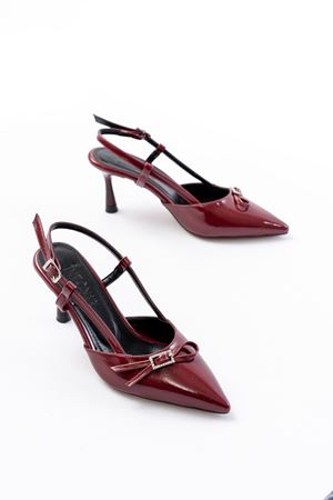 İNF-2300 Bordo Rugan Günlük Arkası Açık Fiyonklu Topuklu Bayan Ayakkabı 