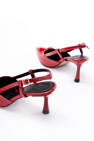 İNF-2300 Kırmızı Rugan Günlük Arkası Açık Fiyonklu Topuklu Bayan Ayakkabı  