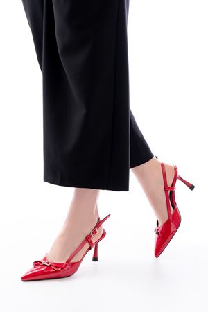 İNF-2300 Kırmızı Rugan Günlük Arkası Açık Fiyonklu Topuklu Bayan Ayakkabı  