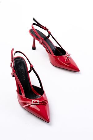 İNF-2300 Kırmızı Rugan Günlük Arkası Açık Fiyonklu Topuklu Bayan Ayakkabı  