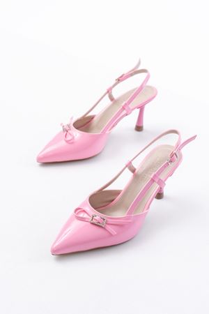 İNF-2300 Pembe Rugan Günlük Arkası Açık Fiyonklu Topuklu Bayan Ayakkabı