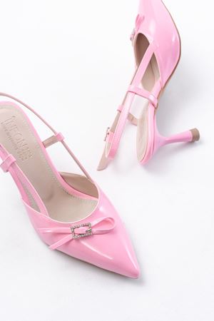 İNF-2300 Pembe Rugan Günlük Arkası Açık Fiyonklu Topuklu Bayan Ayakkabı